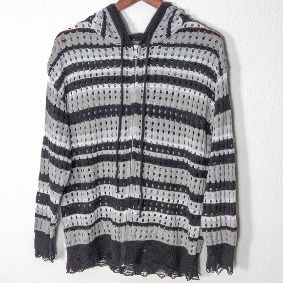 Aelfric Eden Knit Hoodie Gray Black Stripe Distressed Texture L Soft Grunge - Picture 1 of 8
